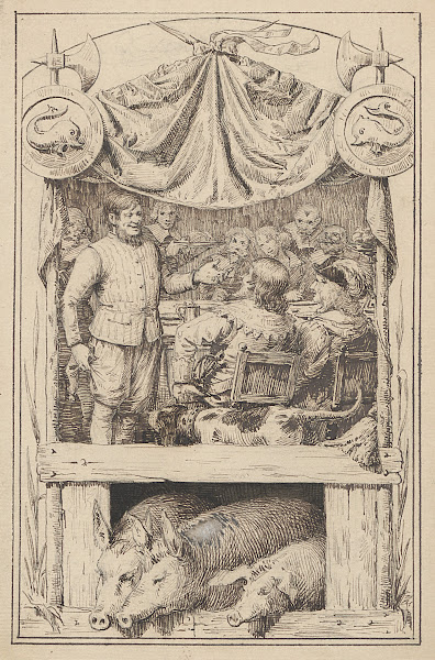 Man greets wealthy man at dinner party Three pigs are seen at the bottom 1865 19