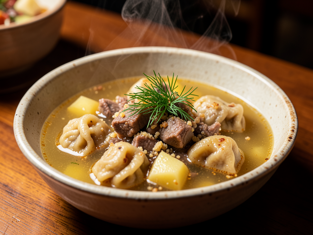 Кайнаган салмалы ботка (Суп с мучными клёцками-ракушками и бараньим курдюком)
