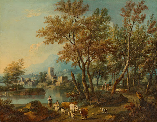 An Italianate landscape with a view of Lake Garda with a shepherd and shepherdes