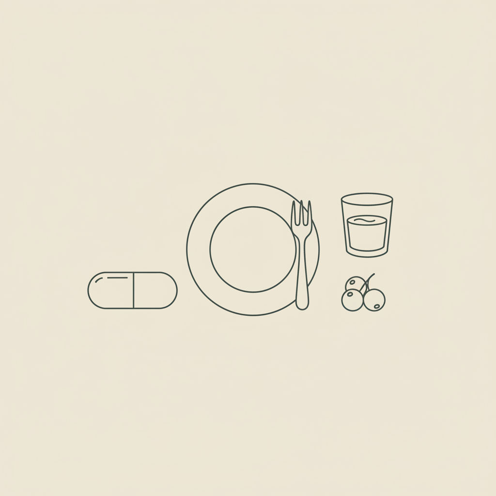 Minimal thin-line vector illustration of a capsule, plate with fork, glass of water and berries on beige background for doctor prescribed weight loss pills