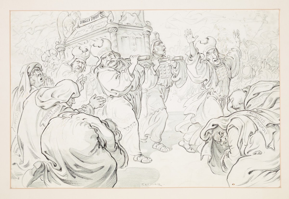 Triumphal procession in which figures labeled Lodge Foraker Aldrich and Shaw bea