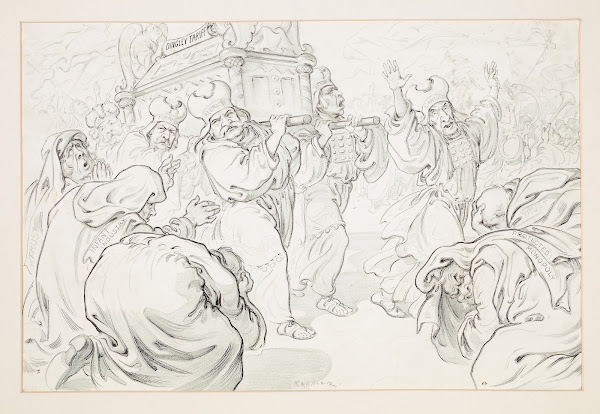 Triumphal procession in which figures labeled Lodge Foraker Aldrich and Shaw bea