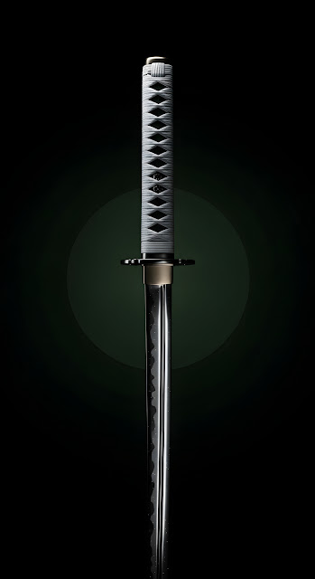 Minimalist Dark 3D Render of a Japanese Katana Sword with Textured Handle - Free mobile Wallpaper