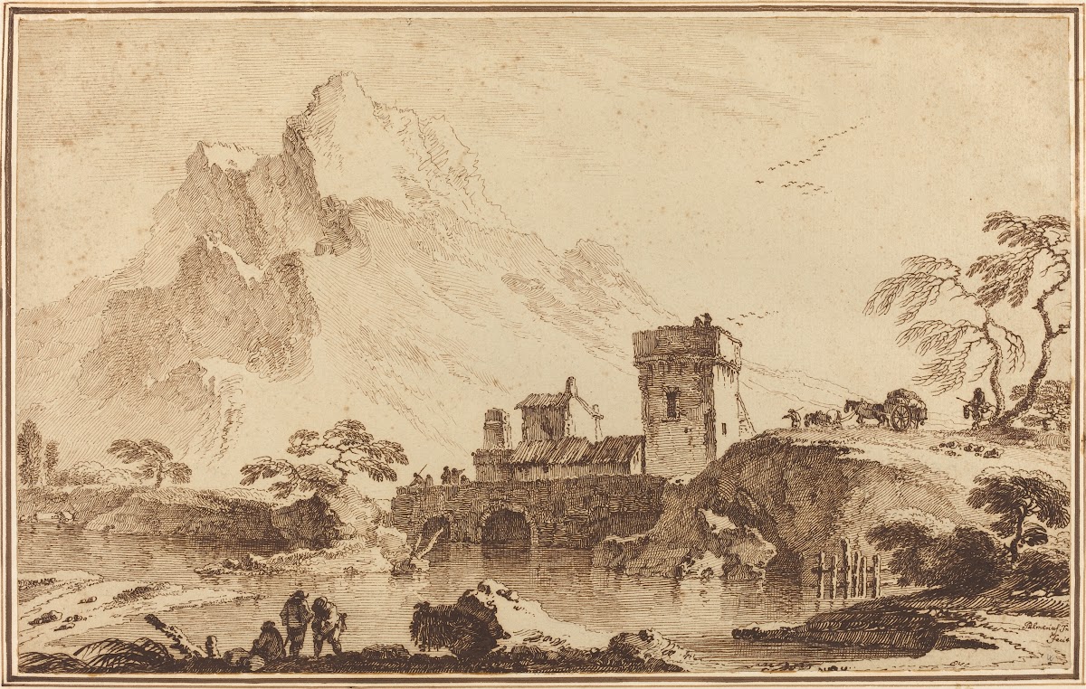 Fortified Bridge against Distant Mountains c 1760