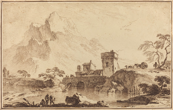 Fortified Bridge against Distant Mountains c 1760