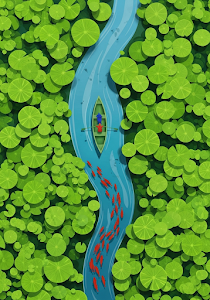 Overhead Lily Pad Pond Boat Red Fish Minimalist Art