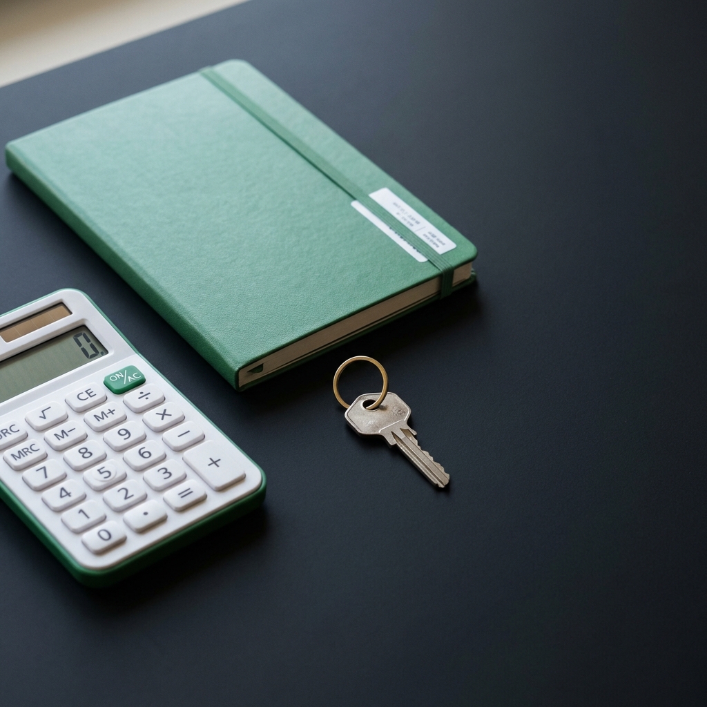 Close up of calculator notebook and house key on dark table suggesting an income estimate worksheet how do you get started in real estate