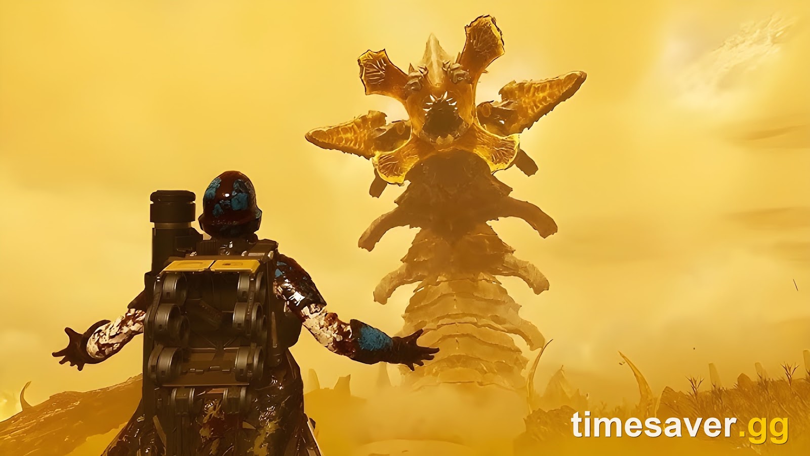 The Hive Lord rising from the ground behind a Helldiver, showing its full skyscraper-sized scale