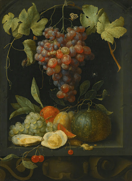 Still life with grapes a melon an orange plums and oysters in a stone niche 1654