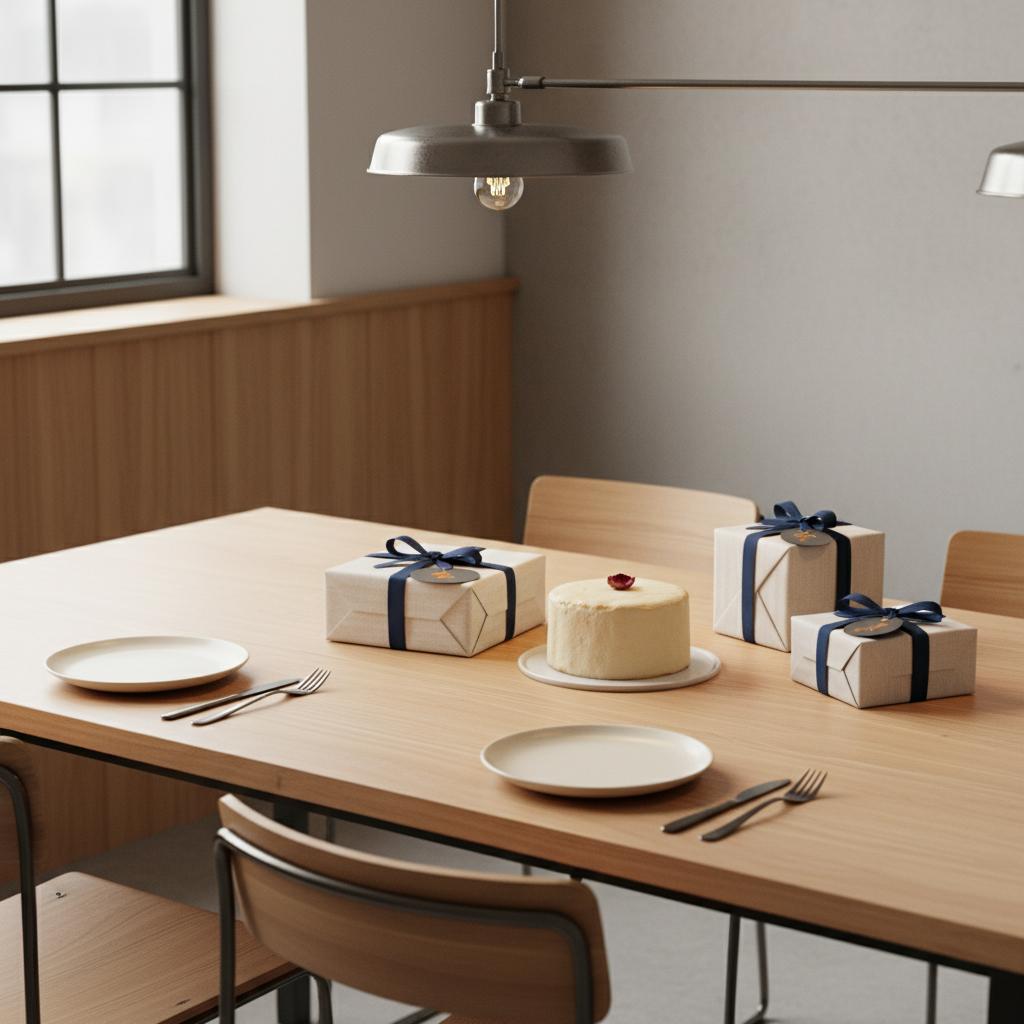 Intime Esstisch-Szene mit Geschenk zur Rosenhochzeit: mehrere Geschenkboxen und kleiner Vanillekuchen in warmem, minimalistischen Industrial-Ambiente