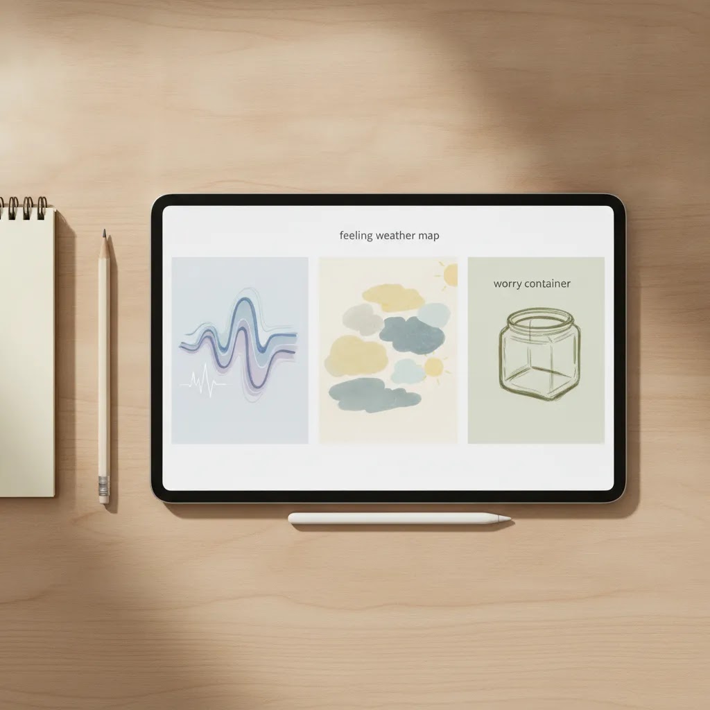 Examples of digital art therapy activities including line drawing weather map and worry container sketch