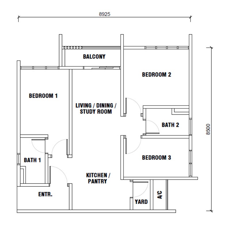 Gen Sphere Type D floor plan — 755 sq ft, 3 bedrooms