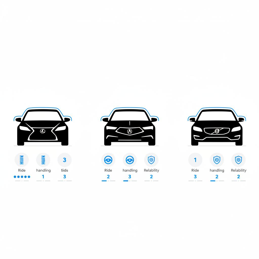 Minimalist 2D vector side by side silhouettes comparison showing lexus es 350 for sale alongside acura tlx and volvo s60 with icon chips for ride handling and reliability
