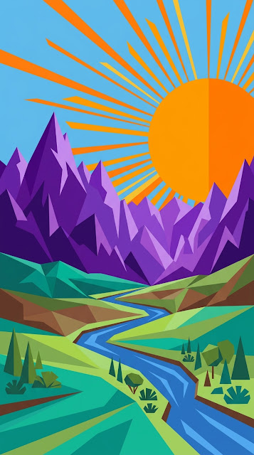 Abstract Geometric Illustration of Purple Mountains and an Orange Sun over a River - Free mobile Wallpaper