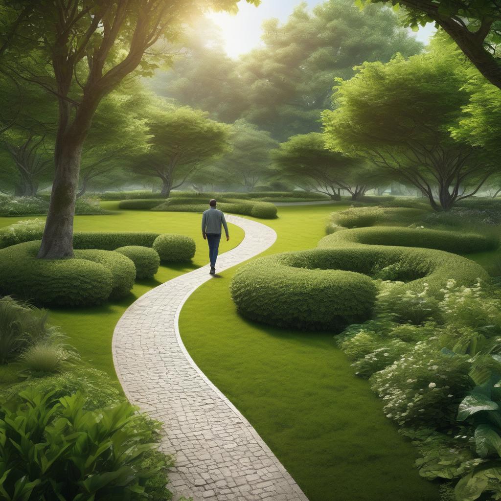Person walking calmly on a winding path in a lush green park