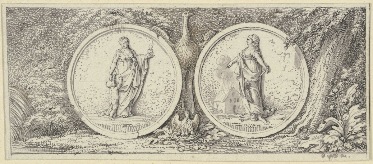 Vignette mit zwei Medaillons Güte und Bosheit ca 1775