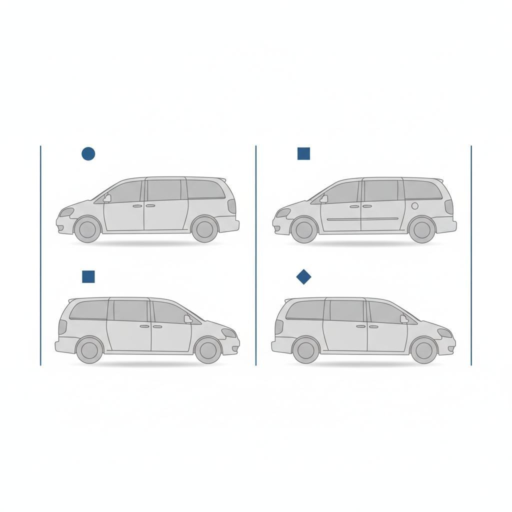 Minimalist 2D vector side by side comparison of four minivan silhouettes with blue accent markers clean layout for minivans for sale