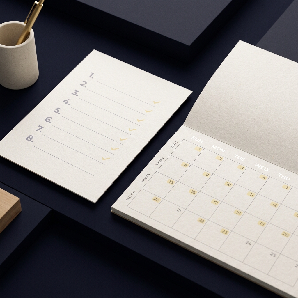 Close up numbered checklist and four week calendar plan in warm light minimalist layout guiding steps for How to Decide Whether Funded Sports Trading Fits You