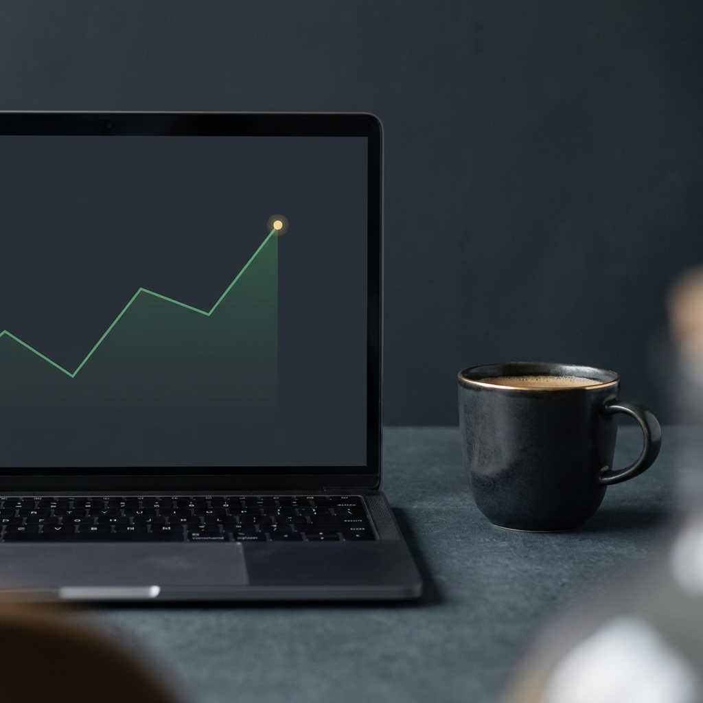 Close up of a laptop screen showing a simple index fund chart and a cup of coffee minimalist still life representing best investments for $10,000 with Finance Police green highlights and subtle gold accent