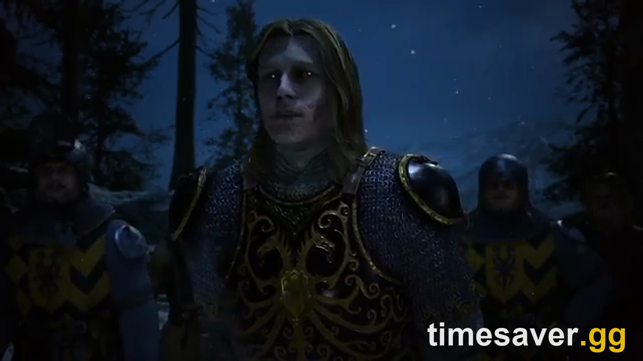 A pale armored vampire flanked by soldiers at night in The Blood of Dawnwalker — the Swordmastery / human-form side that every build shares