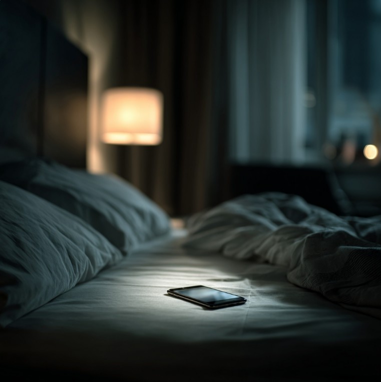 밤에 스마트폰을 멀리 둔 침실