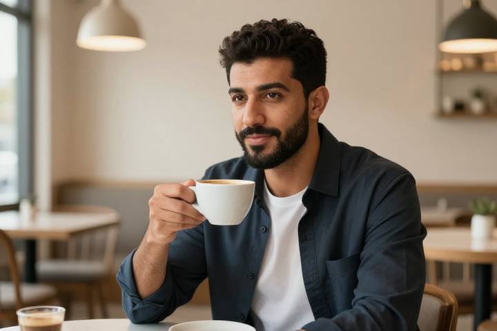 شاب يشرب القهوة في مقهى حديث