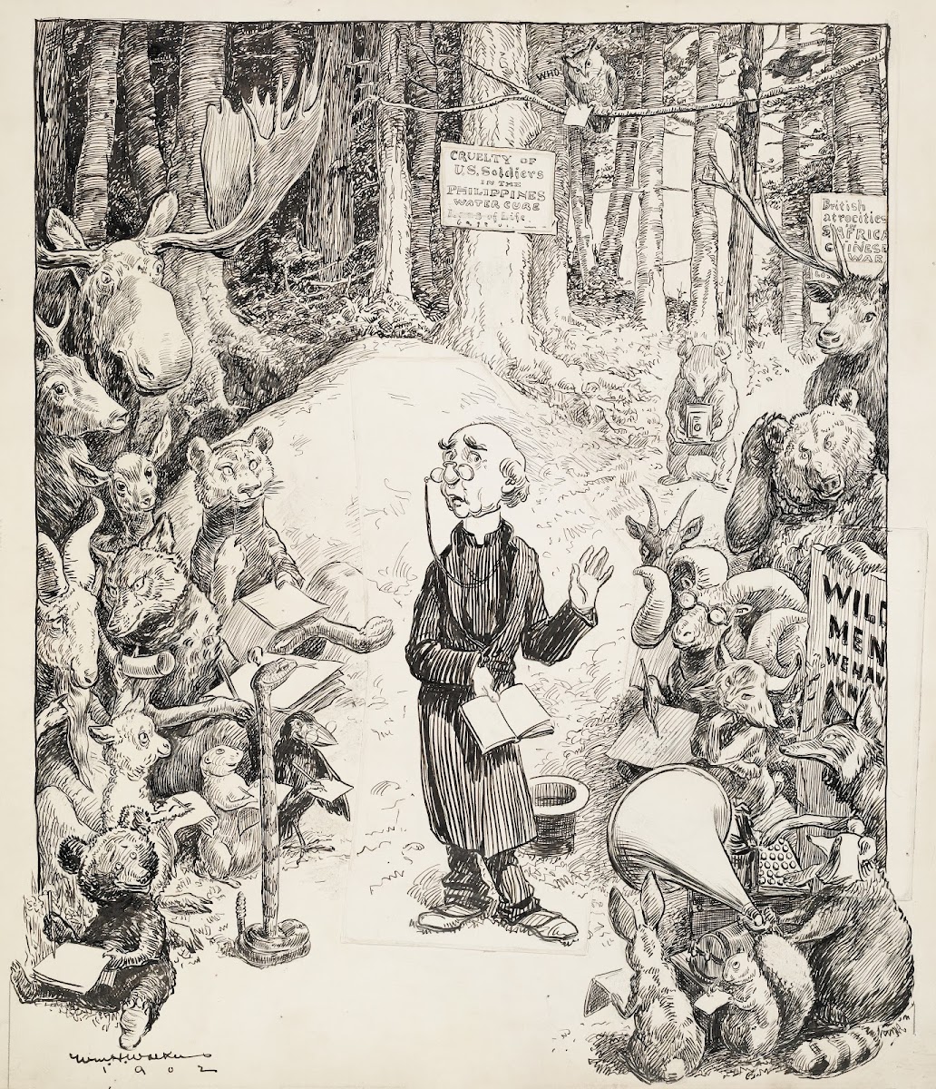 A minister preaches in the forrest to a group of animals most of them taking not