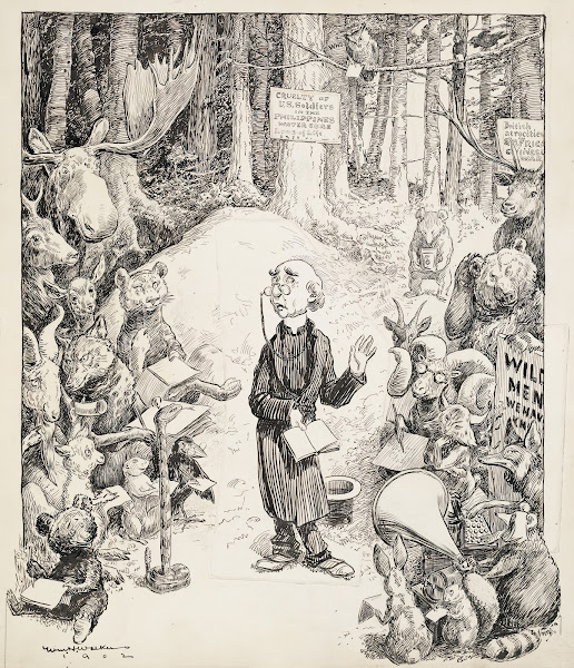 A minister preaches in the forrest to a group of animals most of them taking not