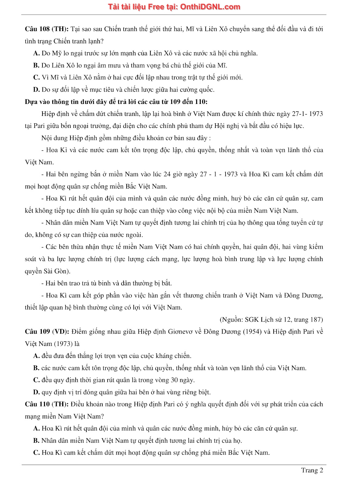 150 bài tập môn Sủ- Ôn thi ĐGNL ĐHQG HN Phần 7