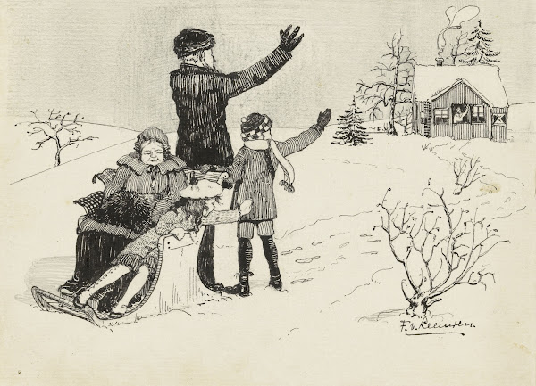 Sneeuwlandschap met zwaaiende figuren
