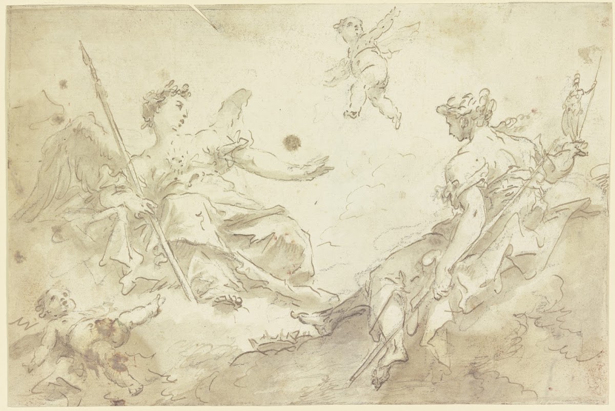 Zwei allegorische Frauenfiguren mit Putten auf Wolken Virtù und Nobilità