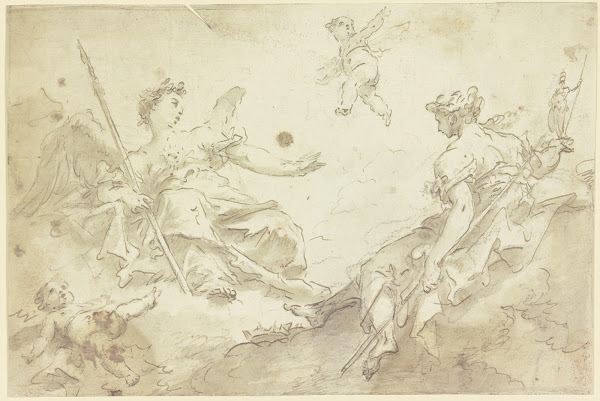 Zwei allegorische Frauenfiguren mit Putten auf Wolken Virtù und Nobilità