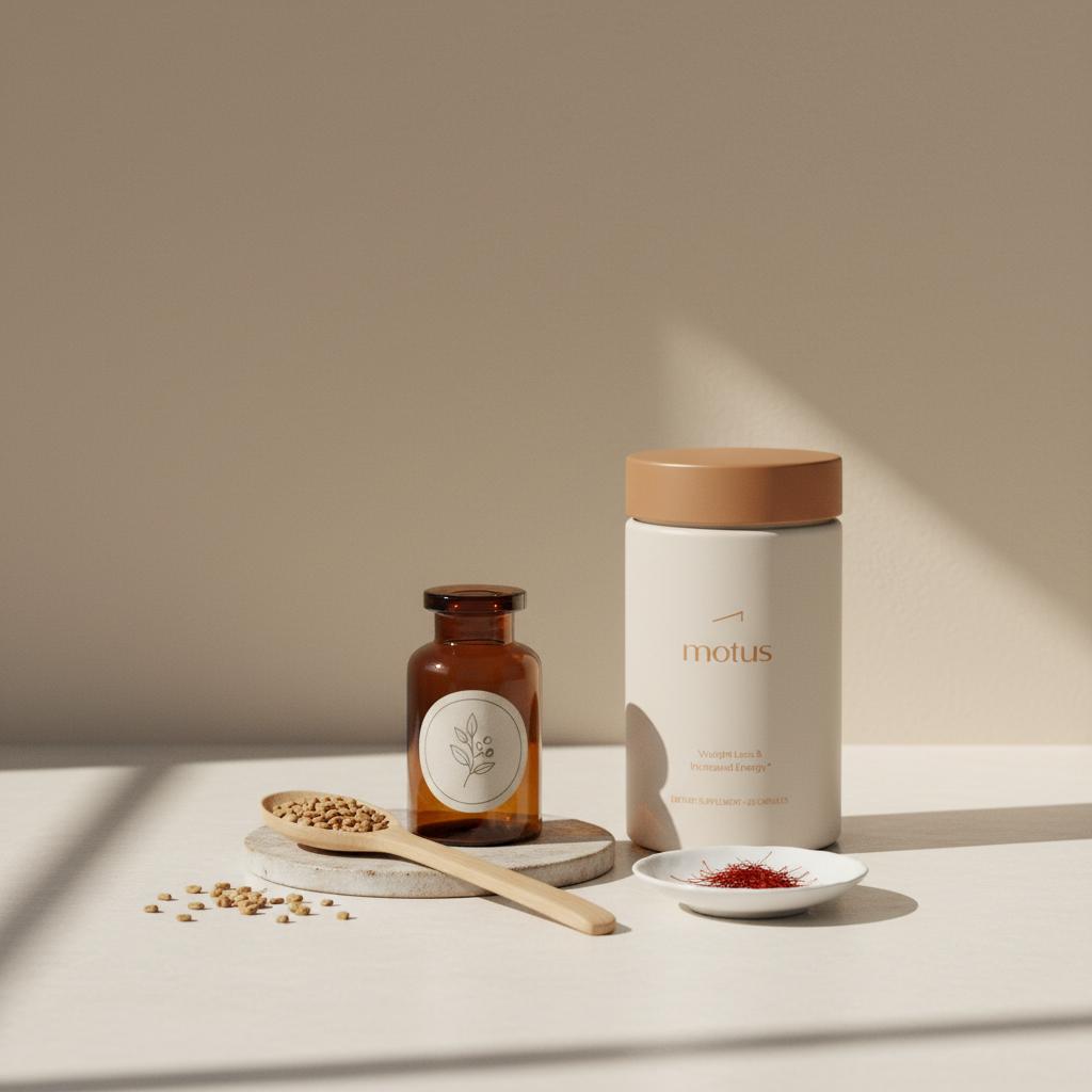 Minimalist still-life of amber herb jar, wooden spoon with fenugreek seeds, saffron threads, and Tonum supplement container — what herb takes away your appetite