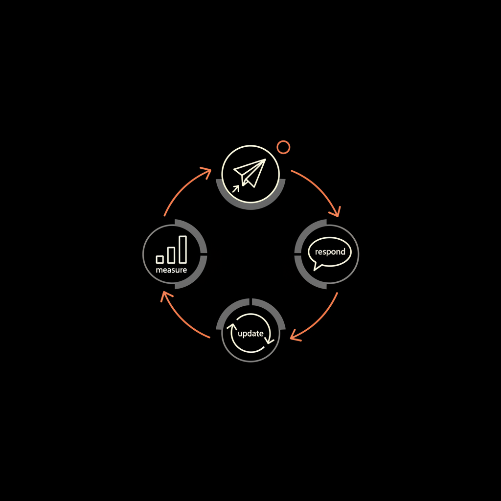 Minimal 2D vector diagram of a weekly maintenance loop with four icons for publish, respond, update and measure in Social Success Hub brand colors, add a new page in fandom