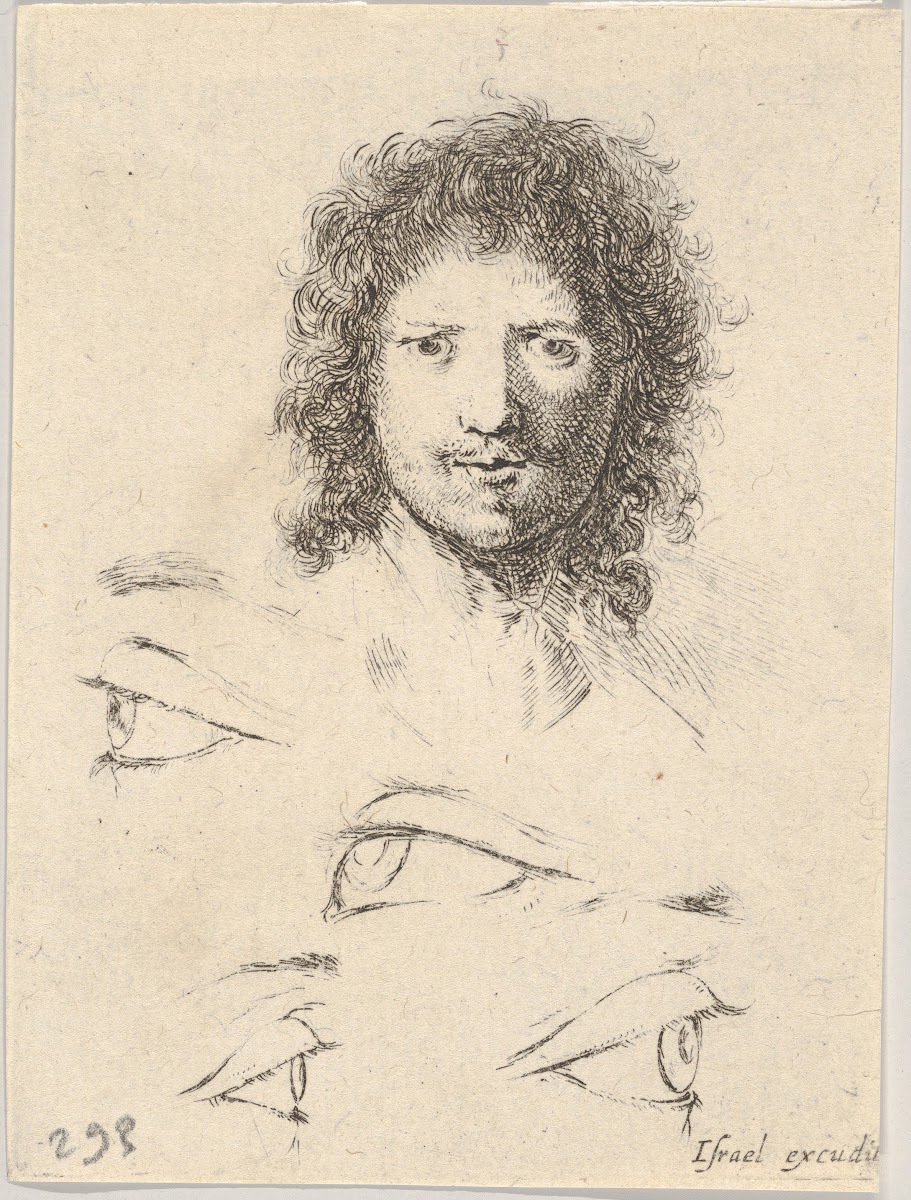 Plate 2 at top the head of a young man frontal view at bottom four eyes 1649