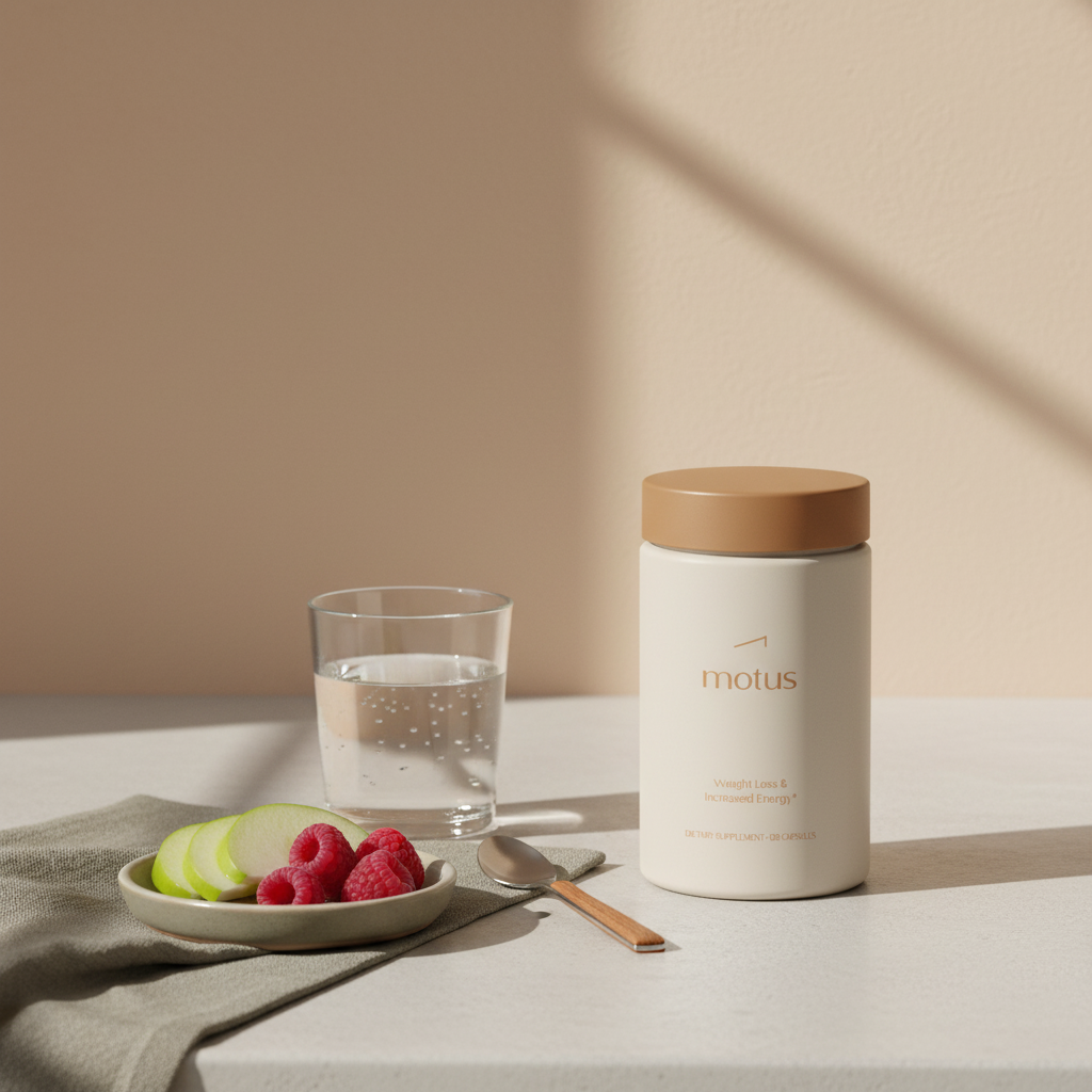 Minimal kitchen counter with Tonum Motus supplement jar beside a glass of water and fresh fruit, suggesting a daily creatine-supported weight-loss routine.