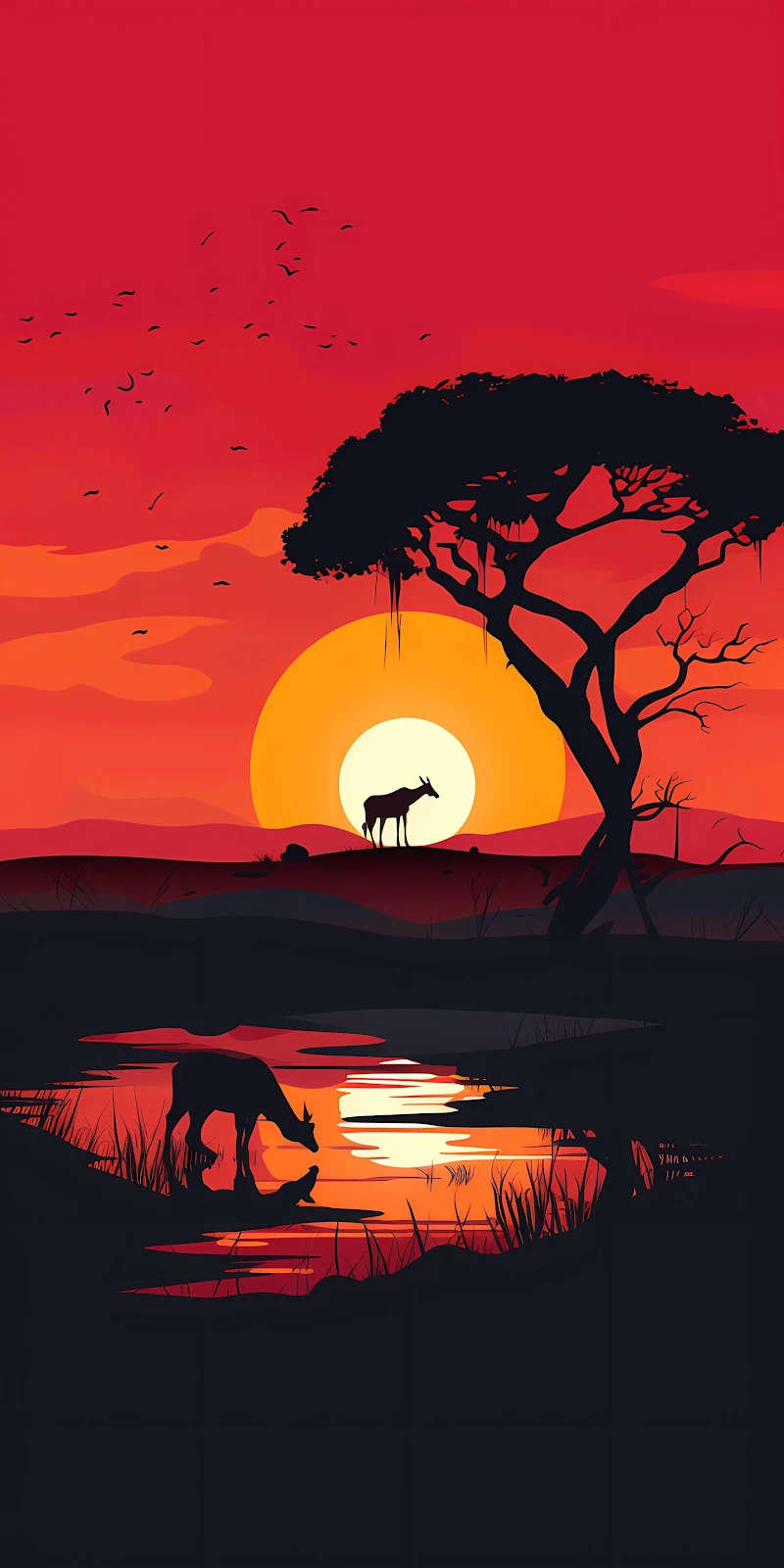 African Savanna Sunset Silhouette - Vector Illustration 2K iPhone Wallpaper (2048x4096)