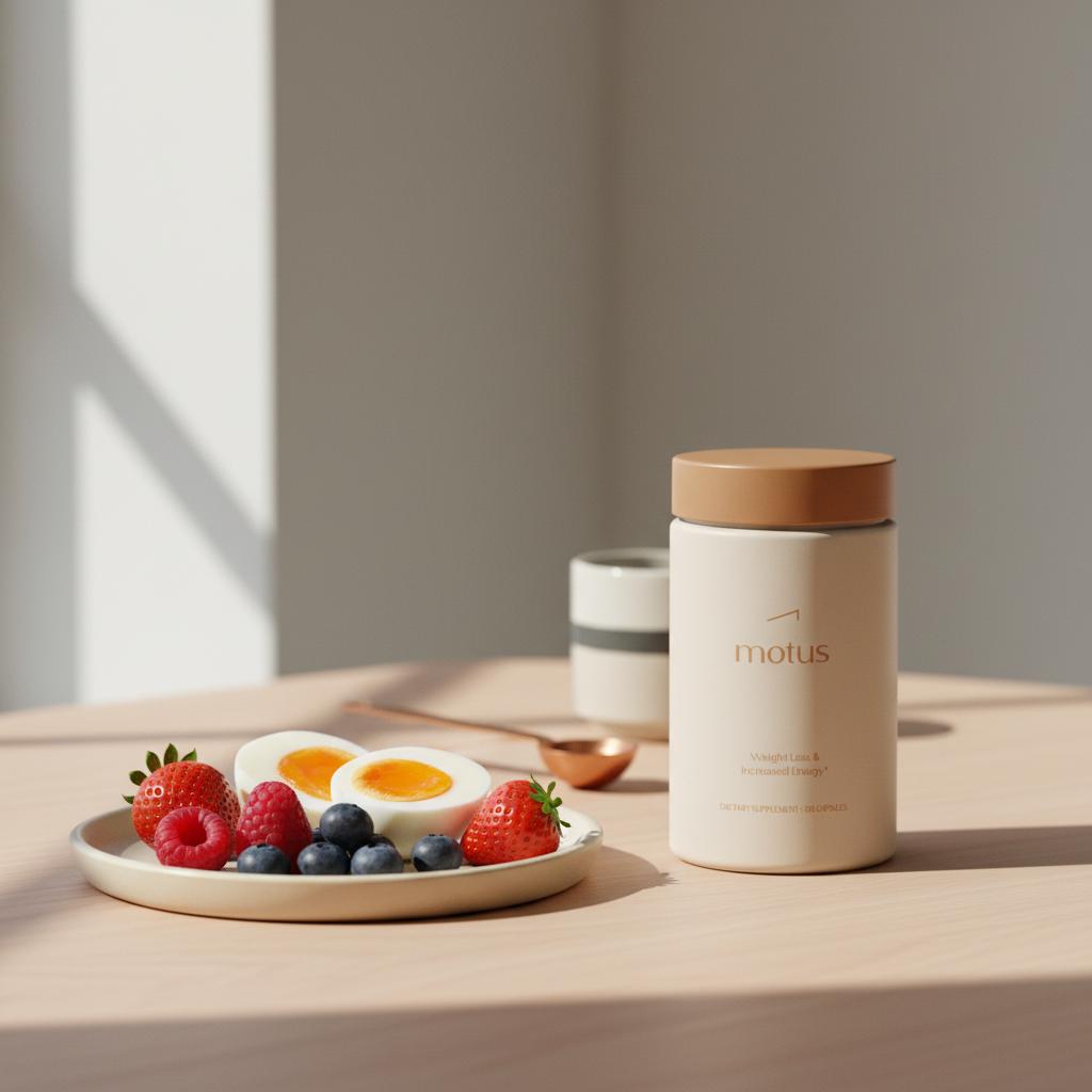Close-up of Motus supplement jar on light wooden table beside a small plate of eggs and berries, suggesting l-carnitine metabolism support in Tonum minimalist style.