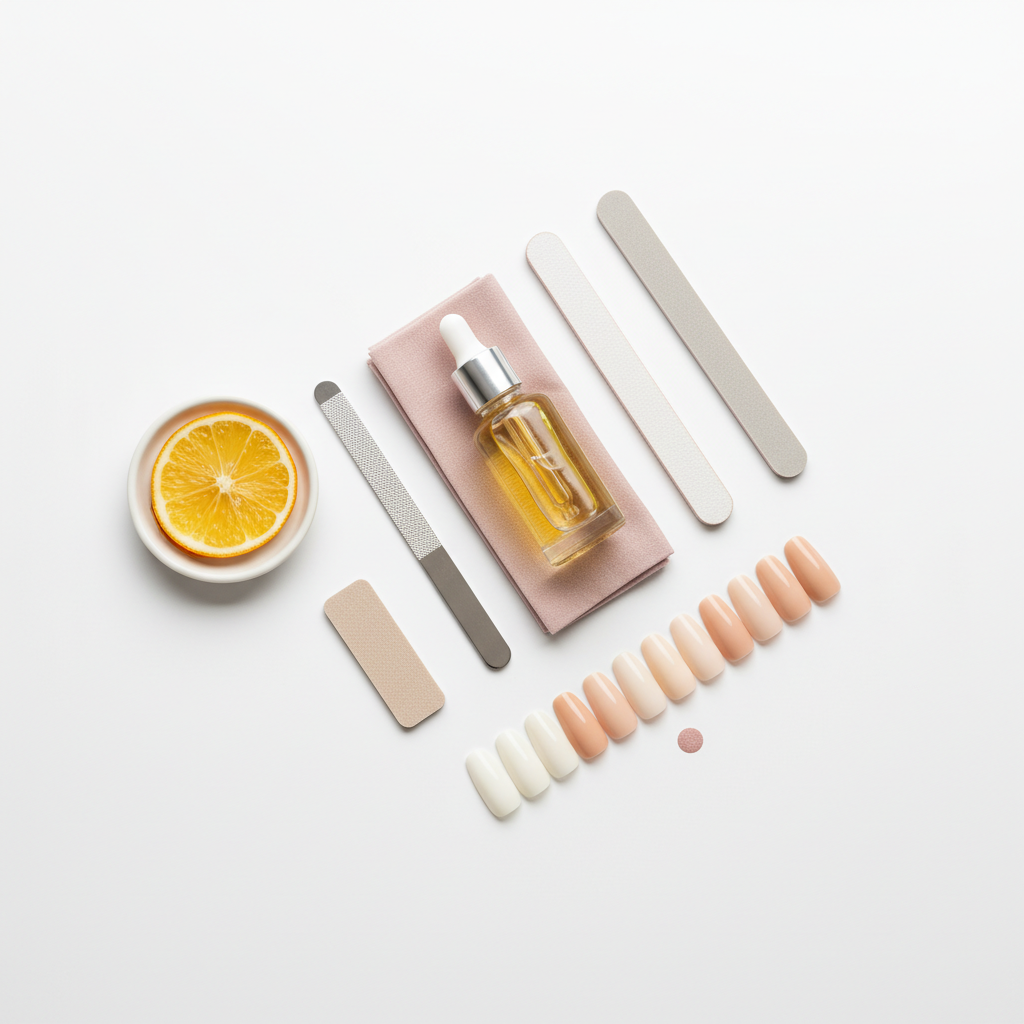Nahaufnahme eines minimalistischen Nagelpflege-Sets mit Nagelölfläschchen, Feilen, Zitronenscheiben und Nageltips, dezente Akzente in #f57fb6 — wie sehen nägel bei eisenmangel aus