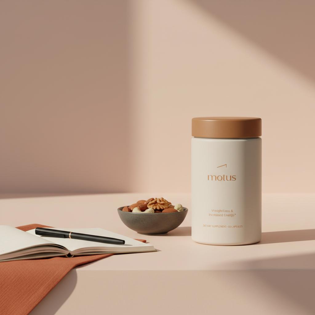 Minimalist lab counter with Nouro jar, small bowl of nuts and open notebook illustrating dietary factors related to what depletes dopamine the most?