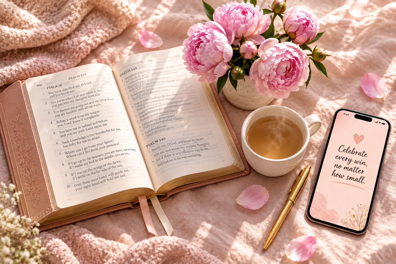 An open Bible at Psalm 139, peonies, tea, and a phone showing the day&rsquo;s card