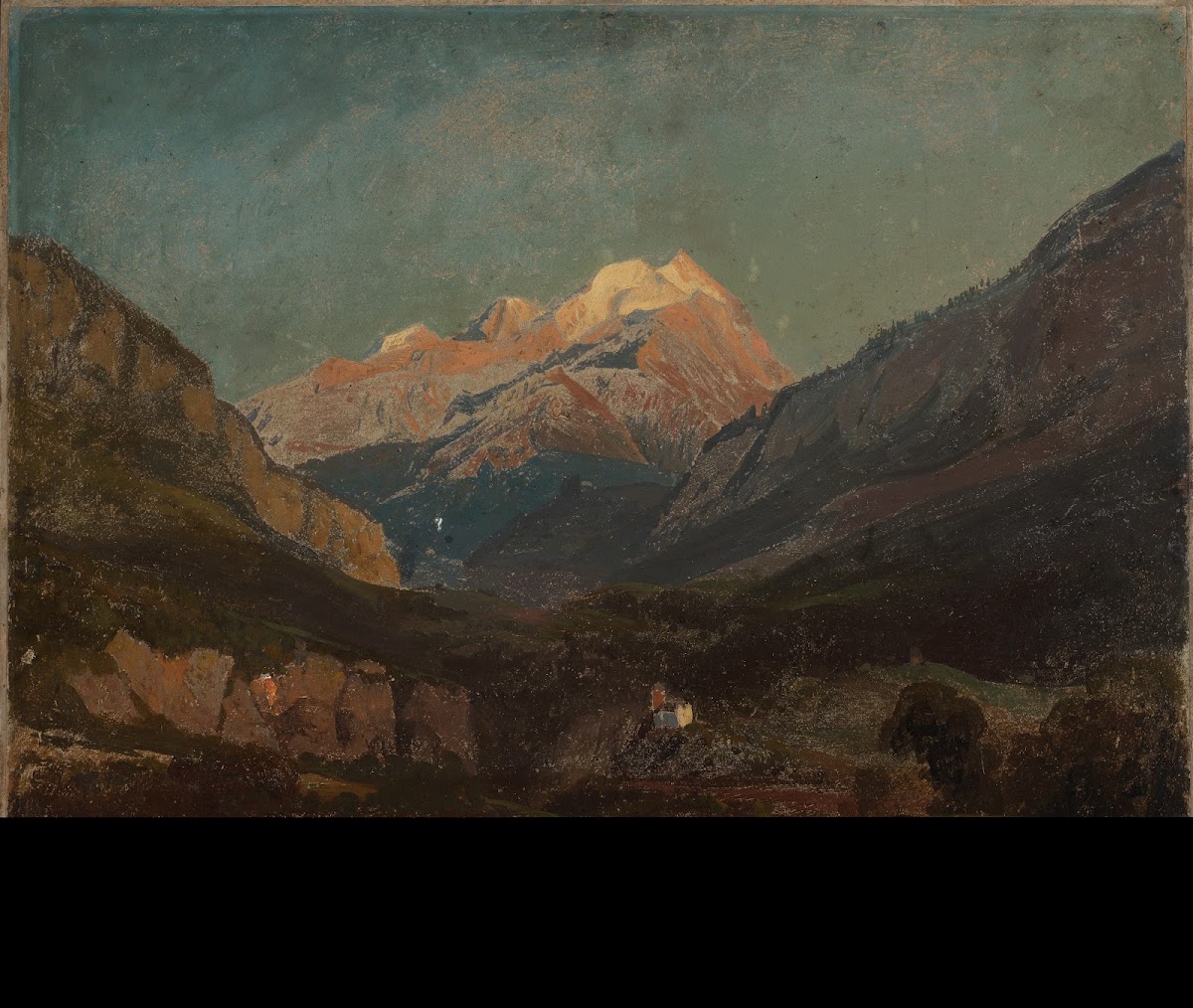 Schweizer Gebirgslandschaft mit Kapelle und fernem Schneegipfel before 1853