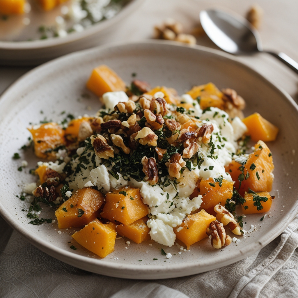 Final Za'atar Spiced Butternut Squash & Feta Bake with Crispy Walnut-Herb Topping