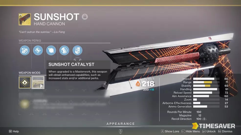 The Sunshot catalyst inspect screen in Destiny 2 showing the catalyst objective on the exotic hand cannon
