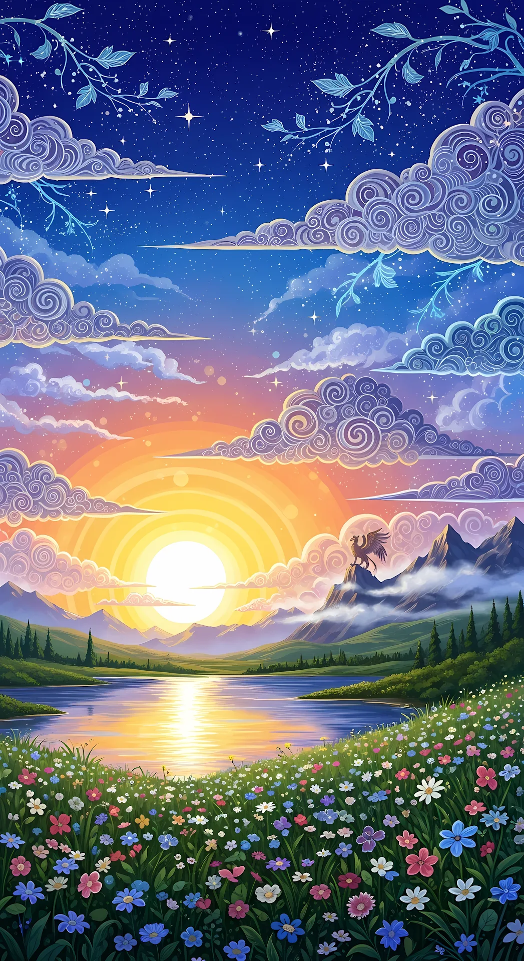 Vibrant Fantasy Sunset Over Wildflower Meadow and Lake - Free 4K mobile Wallpaper