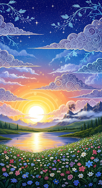 Vibrant Fantasy Sunset Over Wildflower Meadow and Lake - Free mobile Wallpaper