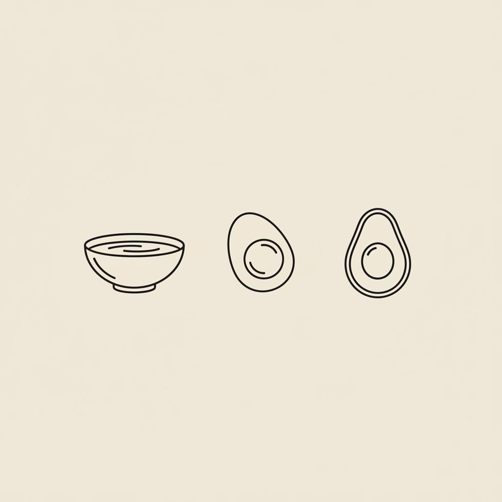 Minimalist line illustration of a bowl of broth, a halved egg, and a halved avocado on a beige background for a fast sugar detox plan