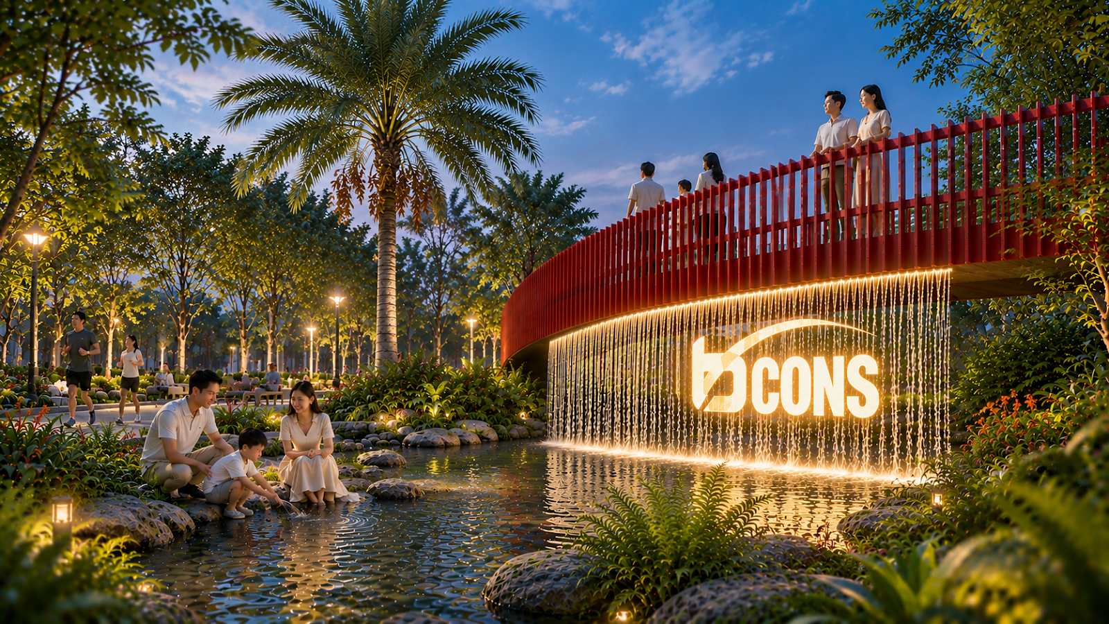 Cầu đỏ và biểu tượng Bcons NewSky lên đèn về đêm