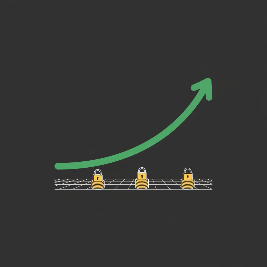 Minimal 2D vector market cap curve on a timeline with supply unlock markers and upward trajectory illustrating crypto to invest in using Finance Police green and gold palette