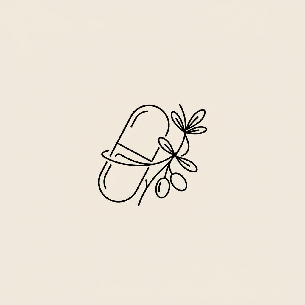 Minimalist vector line illustration of a capsule beside a stylized barberry branch on a beige background, representing the best berberine brand